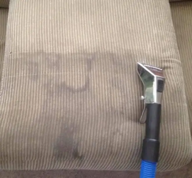 Upholstery cleaning wand mid-pass with a clean stripe on the fabric