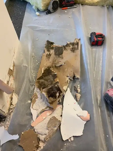 Water-damaged subfloor and drywall pulled up under plastic sheeting